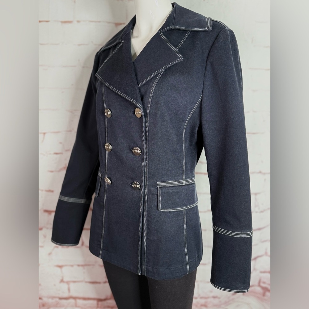 ST. JOHN Sport M Nautical Double Breasted Navy Cotton Blend Blazer Silver Button - Picture 2 of 14